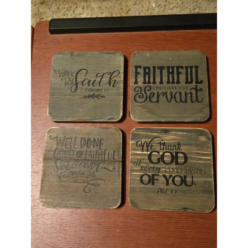 Carpenterree Faithful Servant Wooden Coasters Set 4 Christian Bible Verse Rustic